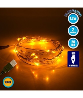 GLOBOSTAR® STRINGLIGHT 79710 Γιρλάντα 2m 20 LED 1.2W 60lm 360° DC 5V με USB 2.0 IP20 Ultra Θερμό Λευκό 2200Κ Dimmable - Χάλκινο - Μ200 x Π0.6 x Υ0.6cm - 1 Χρόνο Εγγύηση